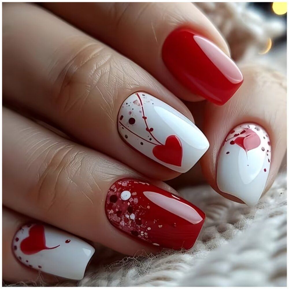 Press on Nails Glossy Red & White, Hearts Fade Mid Length Square Shape Glossy